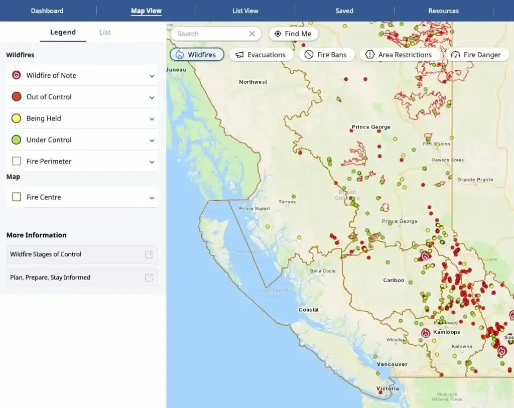 Screen shot from the BC Wildfire Service showing a map of active wildfires in British Columbia