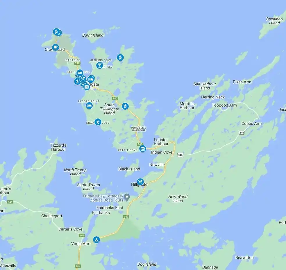 A google map showing the best things to do in Twillingate.