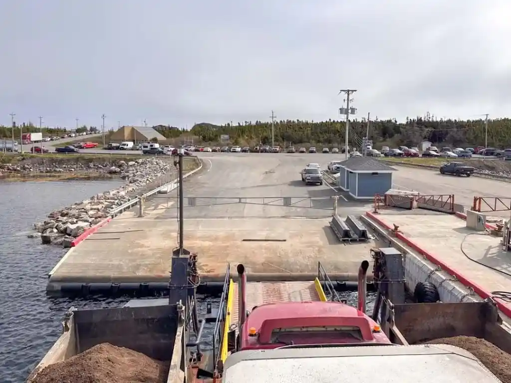 A ferry pulls in to the Stag Harbour Ferry Terminal on Fogo Island.