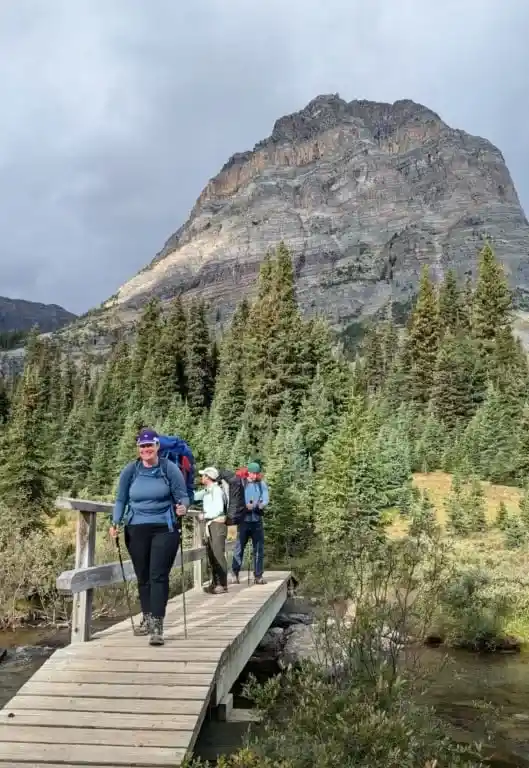 Hiker using trekking poles walks across the Pharaoh Creek bridge