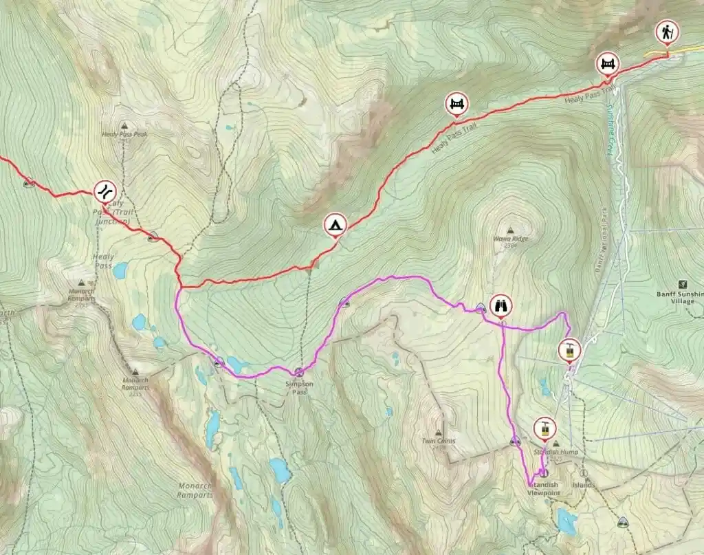 Map showing the trail from Sunshine Village to Egypt Lake