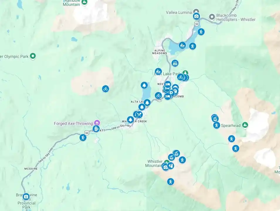 Map showing things to do in Whistler in summer