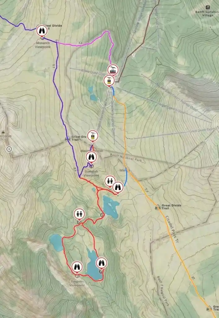 Map of hiking trails at Sunshine Meadows
