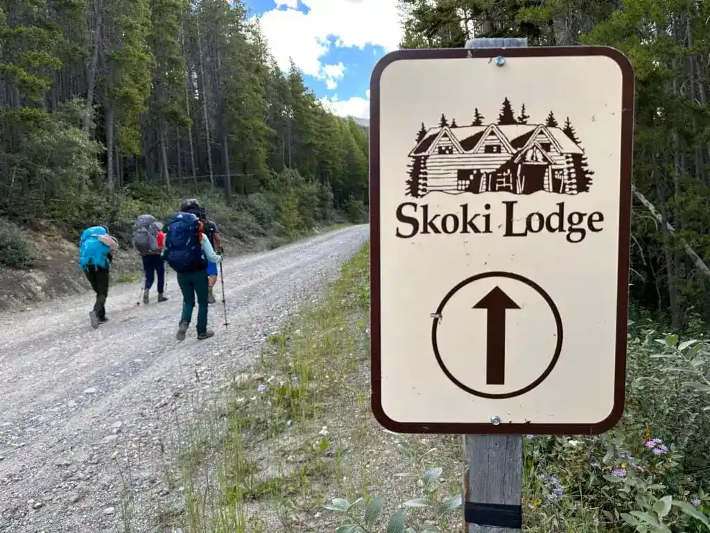 Sign for Skoki Lodge along the road near Lake Louise ski hill