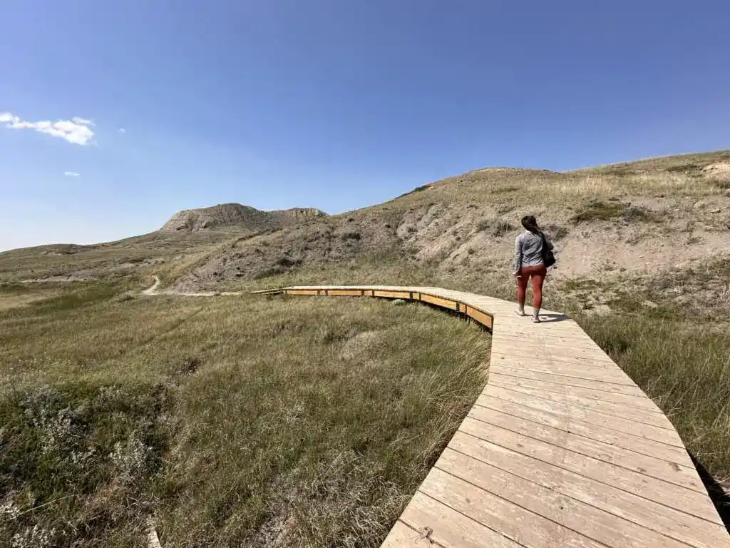 A woman walks on a boardwalk in Grasslands National Park